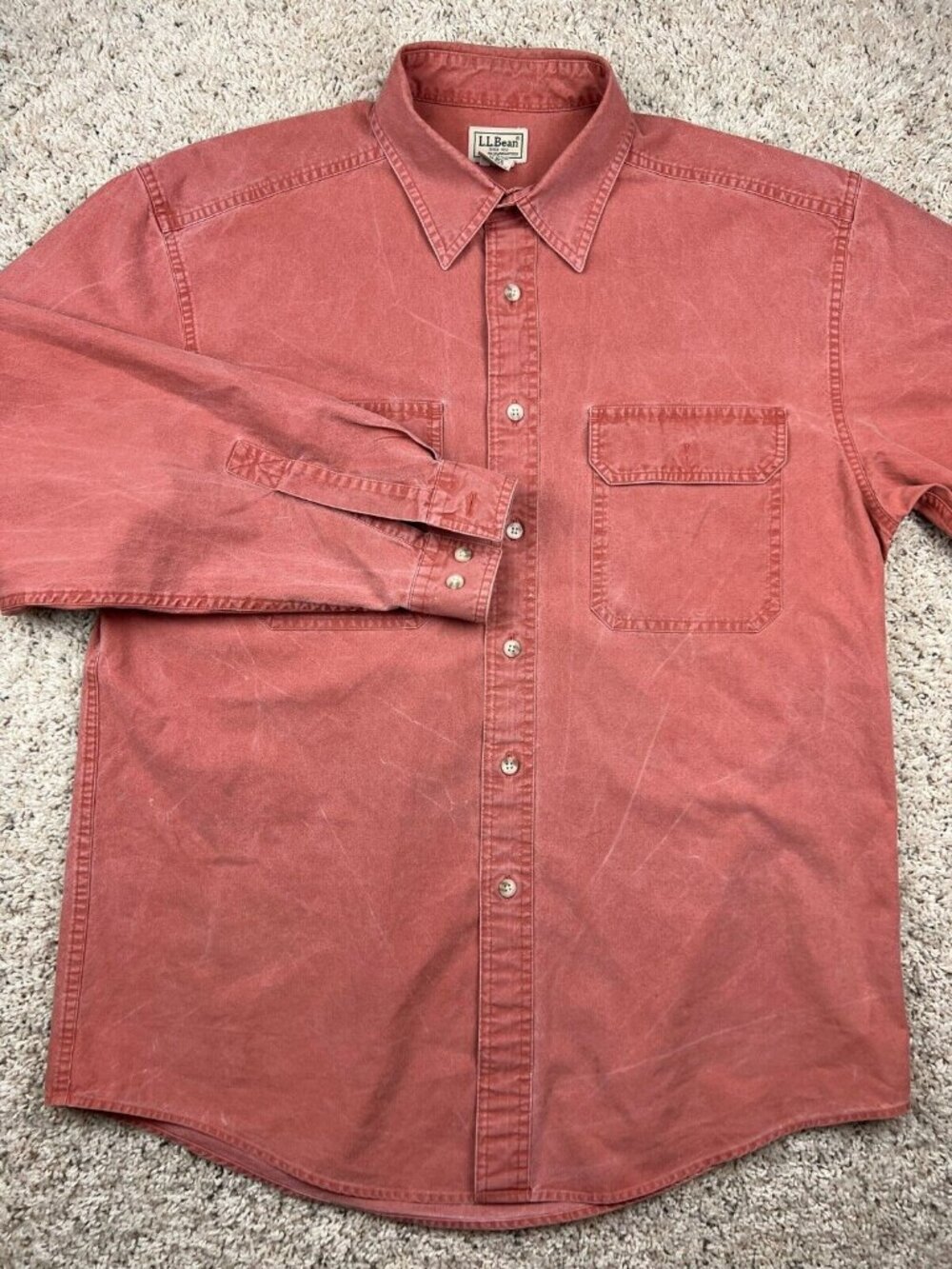 L.L. Bean Men's Size Medium REG 0FCW7 Cotton Button Front Shirt Acid Wash Orange